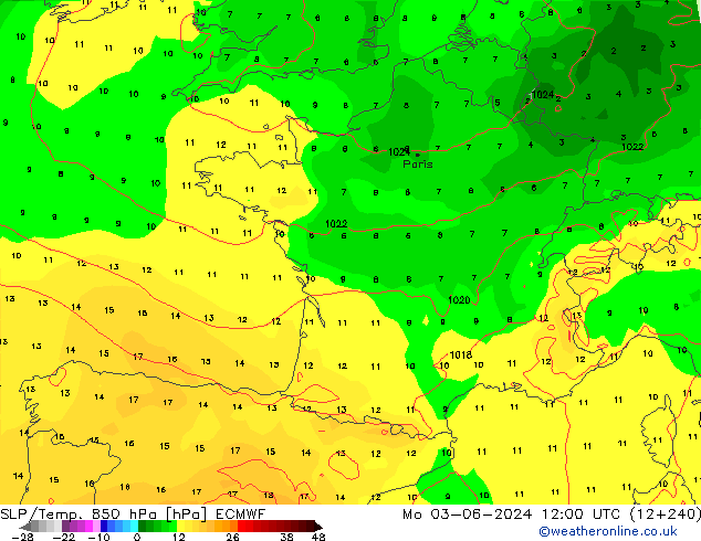 SLP/Temp. 850 гПа ECMWF пн 03.06.2024 12 UTC