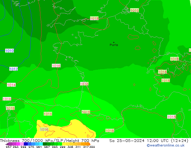 Thck 700-1000 hPa ECMWF sab 25.05.2024 12 UTC