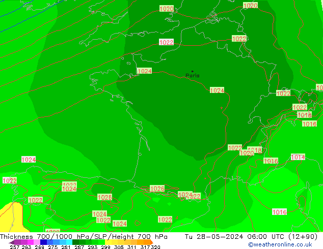 Thck 700-1000 hPa ECMWF mar 28.05.2024 06 UTC