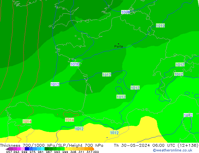 Thck 700-1000 hPa ECMWF gio 30.05.2024 06 UTC