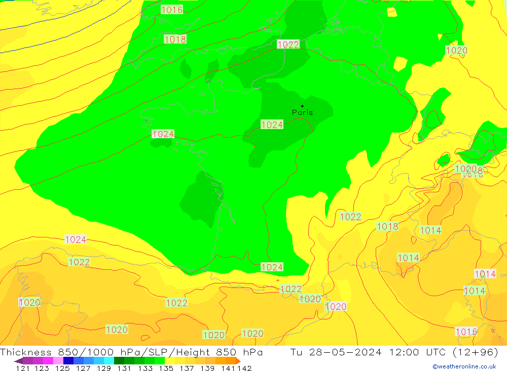 Espesor 850-1000 hPa ECMWF mar 28.05.2024 12 UTC