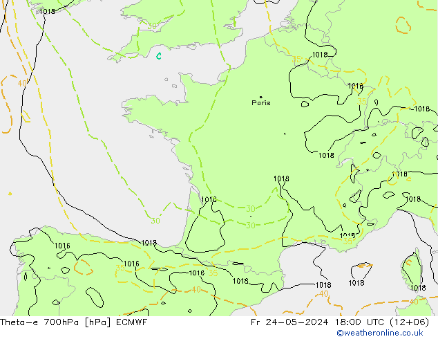 Theta-e 700hPa ECMWF ven 24.05.2024 18 UTC