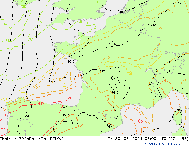 Theta-e 700hPa ECMWF jue 30.05.2024 06 UTC