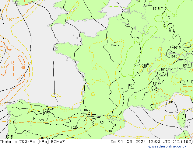 Theta-e 700hPa ECMWF Sa 01.06.2024 12 UTC