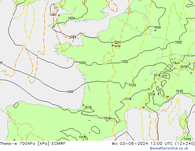 Theta-e 700hPa ECMWF Mo 03.06.2024 12 UTC