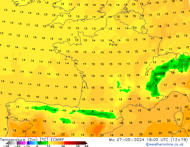 température (2m) ECMWF lun 27.05.2024 18 UTC