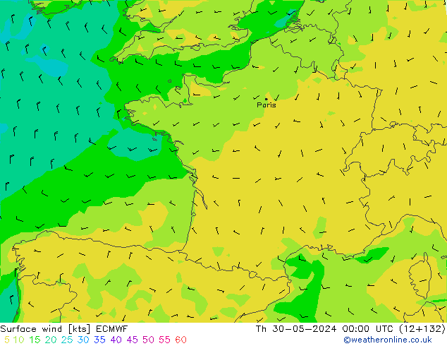 Surface wind ECMWF Čt 30.05.2024 00 UTC