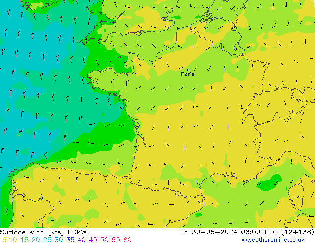 Vento 10 m ECMWF gio 30.05.2024 06 UTC