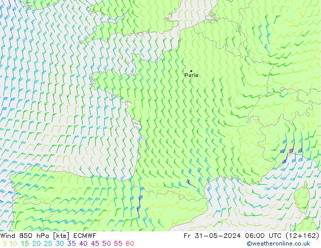 Rüzgar 850 hPa ECMWF Cu 31.05.2024 06 UTC