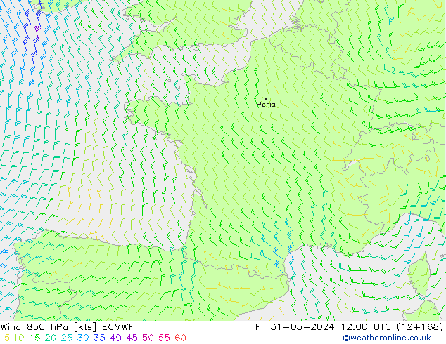 ветер 850 гПа ECMWF пт 31.05.2024 12 UTC