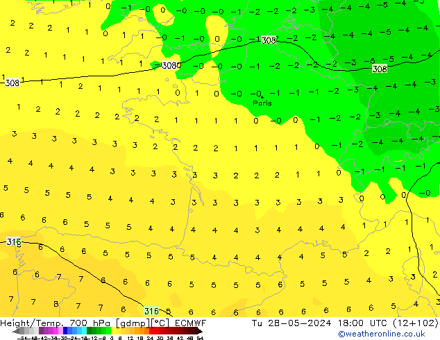 Height/Temp. 700 hPa ECMWF wto. 28.05.2024 18 UTC