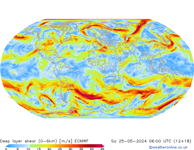 Deep layer shear (0-6km) ECMWF Sáb 25.05.2024 06 UTC