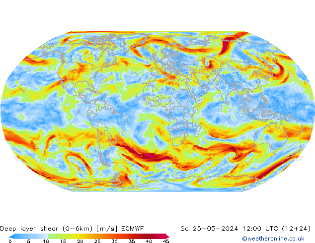 Deep layer shear (0-6km) ECMWF sam 25.05.2024 12 UTC