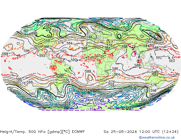 Z500/Rain (+SLP)/Z850 ECMWF sab 25.05.2024 12 UTC