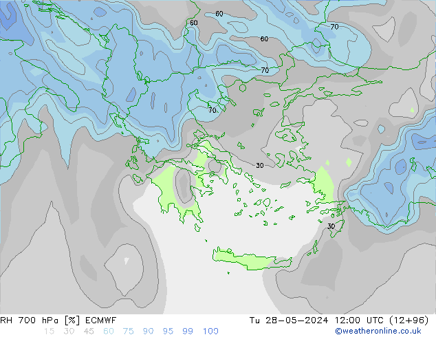 RH 700 hPa ECMWF Út 28.05.2024 12 UTC