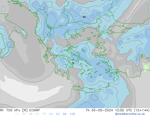 Humedad rel. 700hPa ECMWF jue 30.05.2024 12 UTC