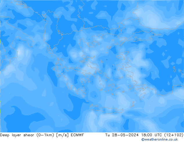 Deep layer shear (0-1km) ECMWF Út 28.05.2024 18 UTC