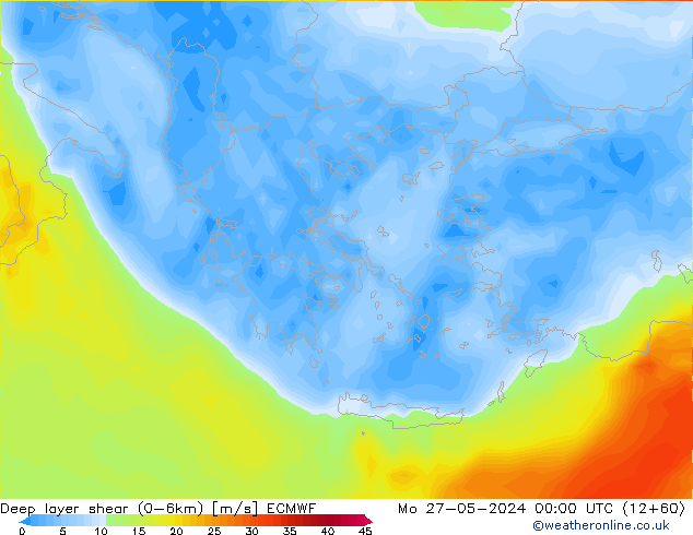 Deep layer shear (0-6km) ECMWF Mo 27.05.2024 00 UTC