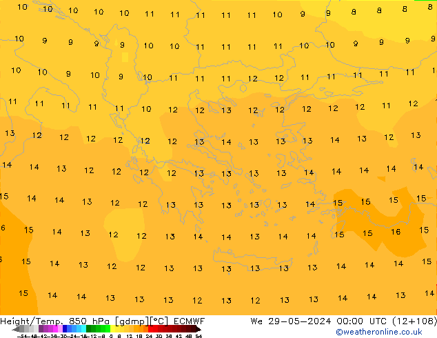 Geop./Temp. 850 hPa ECMWF mié 29.05.2024 00 UTC