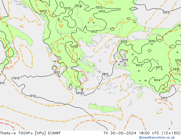 Theta-e 700hPa ECMWF Qui 30.05.2024 18 UTC