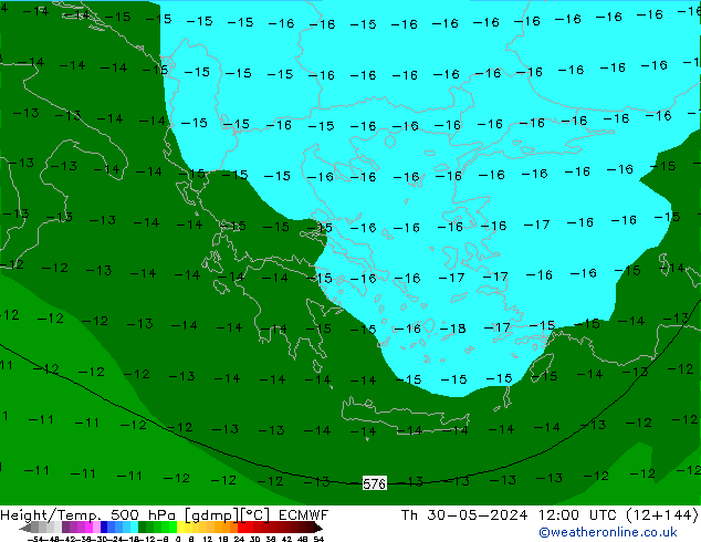 Height/Temp. 500 hPa ECMWF Qui 30.05.2024 12 UTC