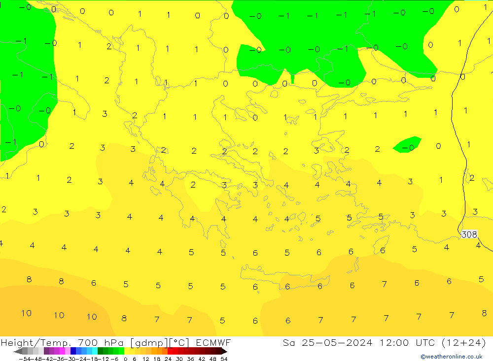 Height/Temp. 700 hPa ECMWF Sa 25.05.2024 12 UTC