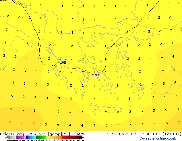 Geop./Temp. 700 hPa ECMWF jue 30.05.2024 12 UTC