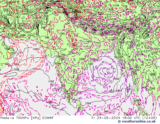 Theta-e 700hPa ECMWF Sex 24.05.2024 18 UTC