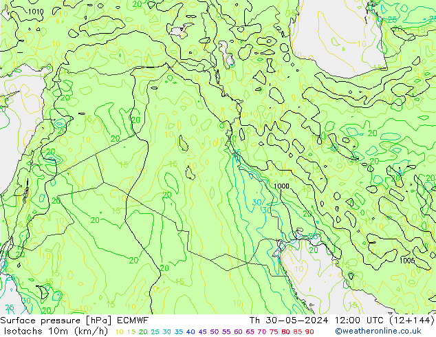 Isotachs (kph) ECMWF Th 30.05.2024 12 UTC