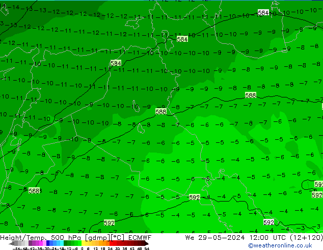 Z500/Rain (+SLP)/Z850 ECMWF mer 29.05.2024 12 UTC