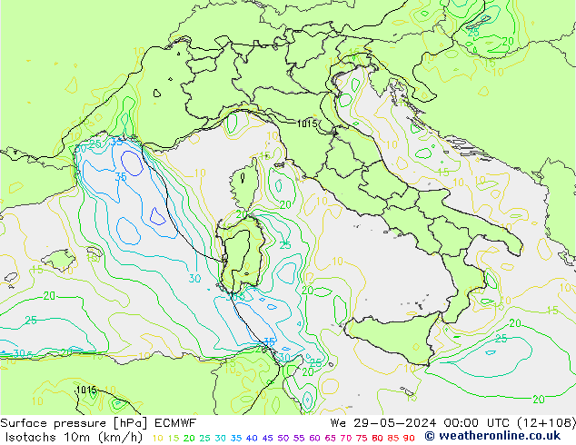 Isotachs (kph) ECMWF We 29.05.2024 00 UTC