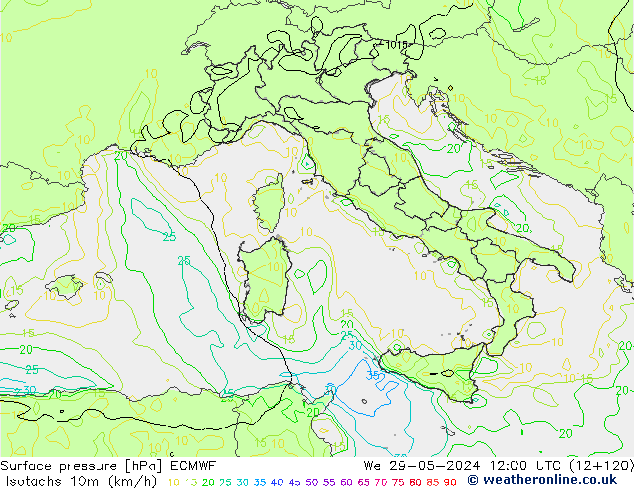 Isotachs (kph) ECMWF mer 29.05.2024 12 UTC