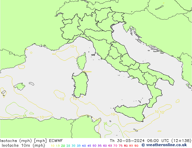 Isotachs (mph) ECMWF gio 30.05.2024 06 UTC