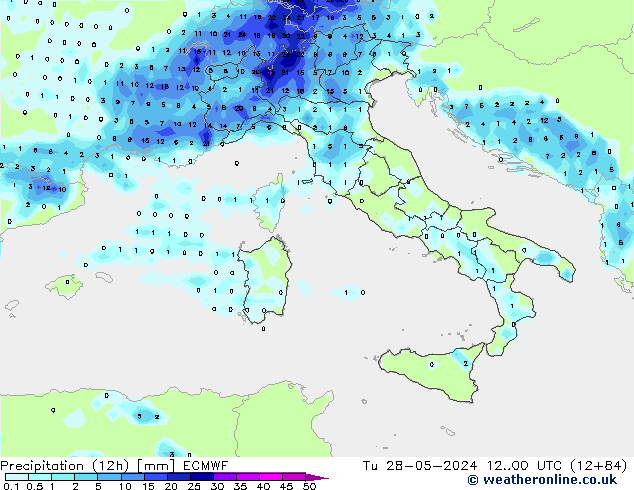 Totale neerslag (12h) ECMWF di 28.05.2024 00 UTC