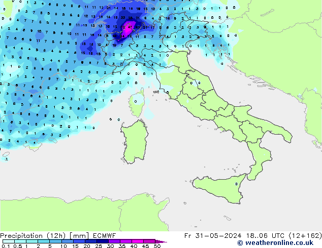 Precipitation (12h) ECMWF Pá 31.05.2024 06 UTC