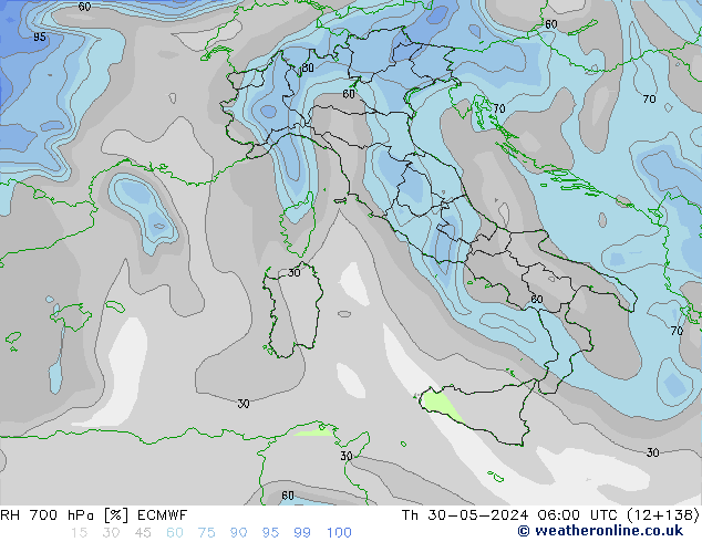 Humedad rel. 700hPa ECMWF jue 30.05.2024 06 UTC