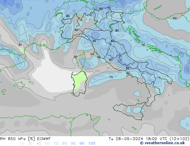 RH 850 hPa ECMWF Tu 28.05.2024 18 UTC