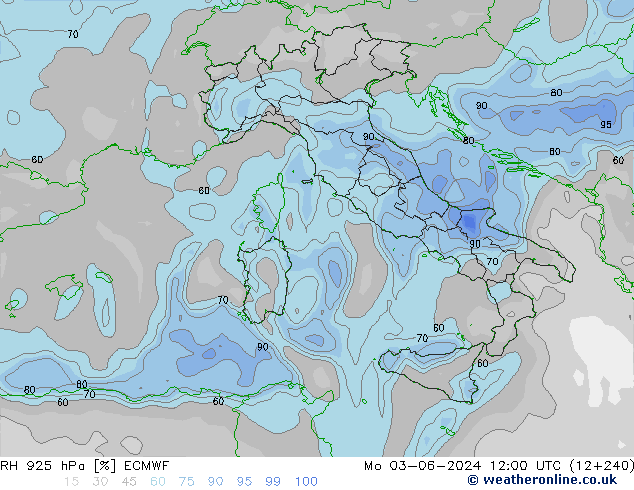 Humedad rel. 925hPa ECMWF lun 03.06.2024 12 UTC