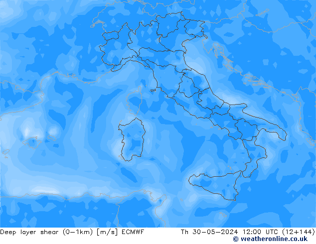 Deep layer shear (0-1km) ECMWF czw. 30.05.2024 12 UTC