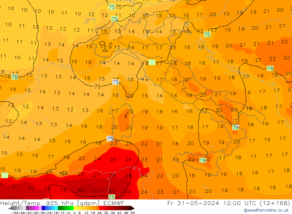 Height/Temp. 925 hPa ECMWF  31.05.2024 12 UTC