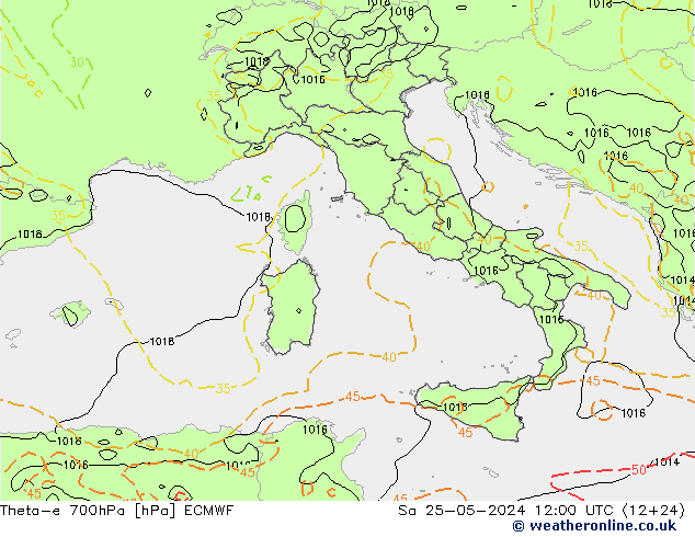 Theta-e 700hPa ECMWF sam 25.05.2024 12 UTC