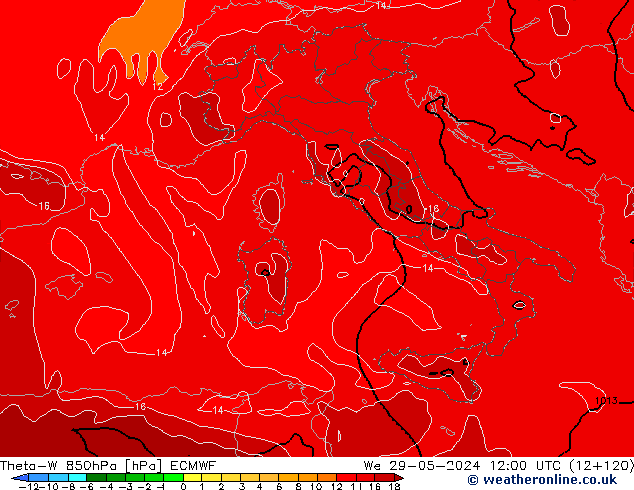 Theta-W 850hPa ECMWF wo 29.05.2024 12 UTC