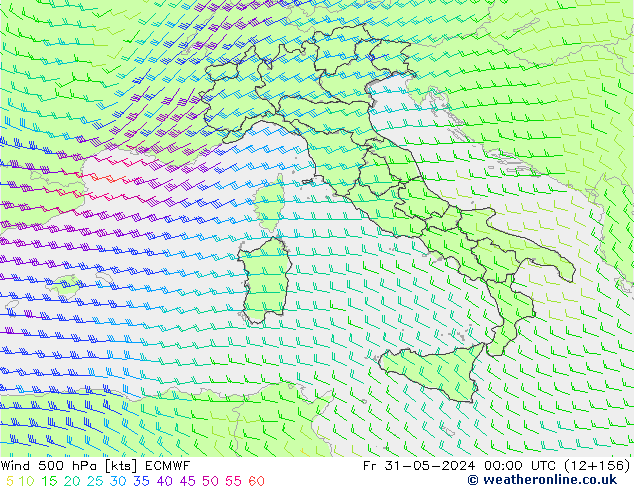 Rüzgar 500 hPa ECMWF Cu 31.05.2024 00 UTC