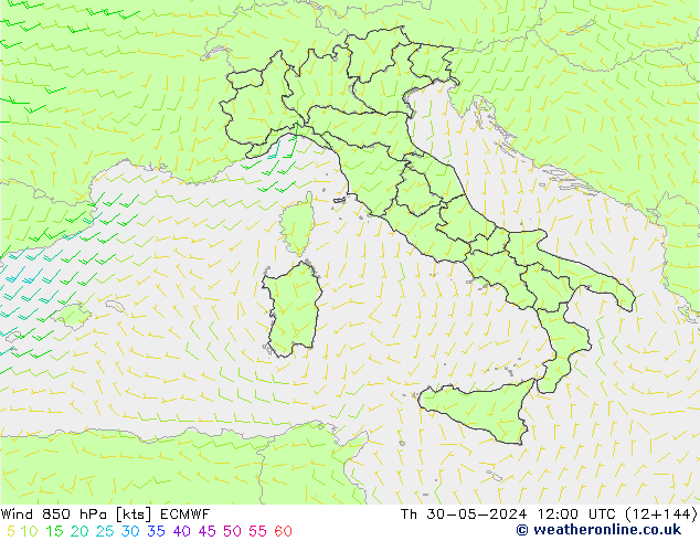 Viento 850 hPa ECMWF jue 30.05.2024 12 UTC