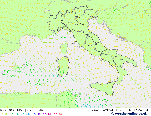 Rüzgar 950 hPa ECMWF Cu 24.05.2024 12 UTC