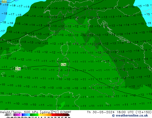 Z500/Rain (+SLP)/Z850 ECMWF Čt 30.05.2024 18 UTC