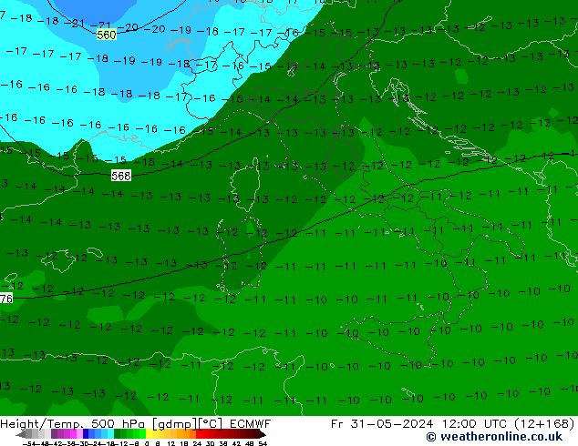 Z500/Rain (+SLP)/Z850 ECMWF ven 31.05.2024 12 UTC