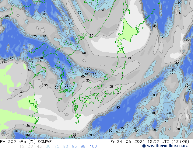 Humedad rel. 300hPa ECMWF vie 24.05.2024 18 UTC