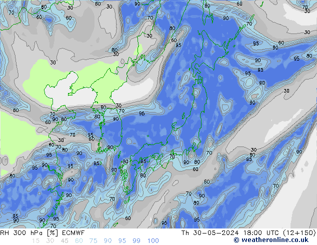 RH 300 hPa ECMWF Čt 30.05.2024 18 UTC