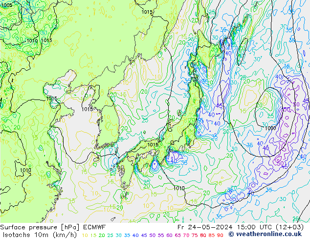 Isotachs (kph) ECMWF ven 24.05.2024 15 UTC